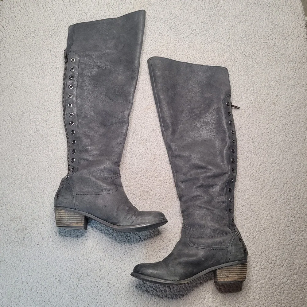 Naughty Monkey Boots 9 Black Leather OTK Grommet Rocker Biker Moto Boho Tall